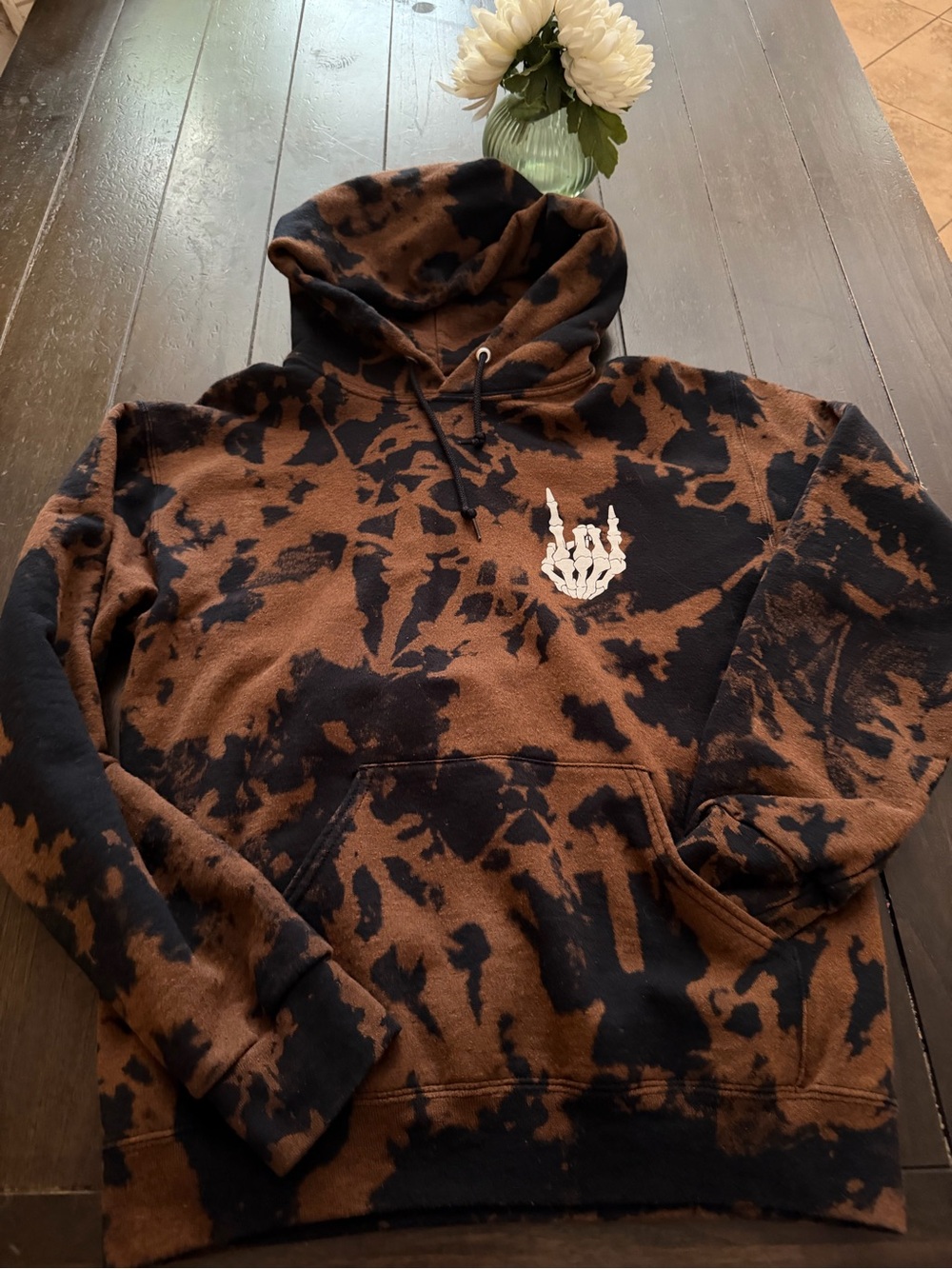 Brown & Black Tie-Dye Hoodie with White Skeleton Hand Graphic